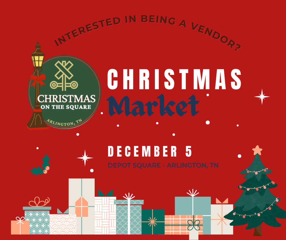 Red Green White Illustrative Christmas Market post for the Arlington Christmas on the Square. Includes a round green logo with historic lamp post on one side, presents and a tree on the bottom of the screen. December 5, Depot Square, Arlington TN