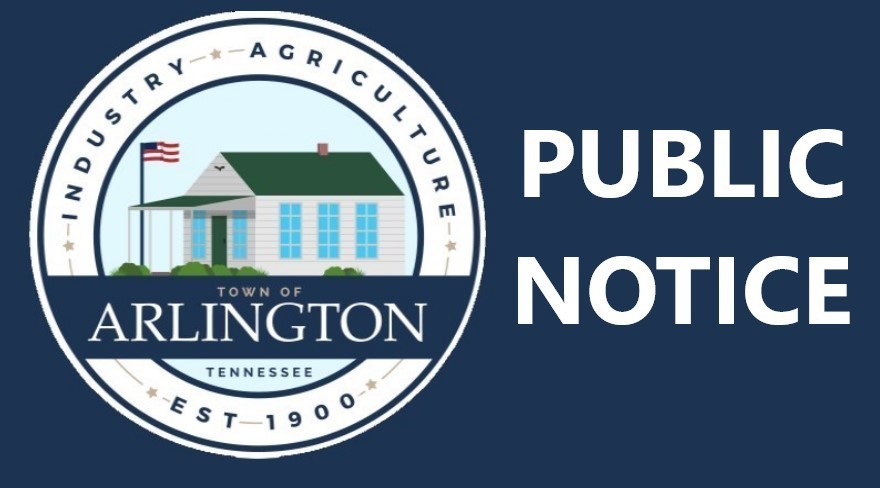 round white and blue town of arlington tn logo on a blue background. White text on the right says: Public Notice