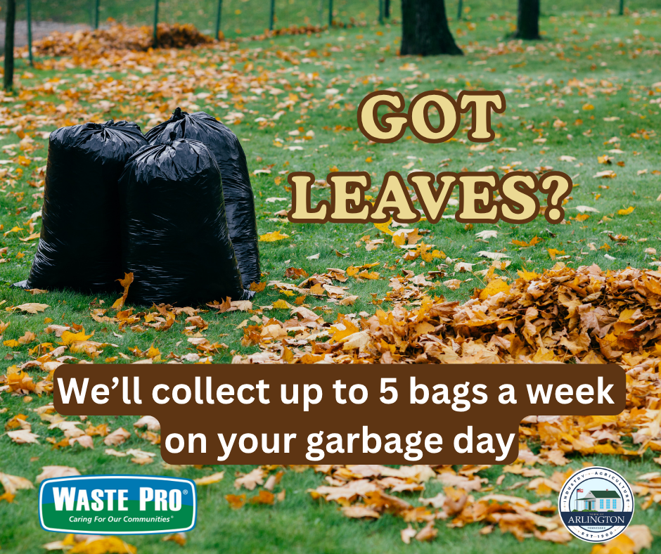 Graphic with a green yard covered in fall leaves and 3 black bags sitting in middle. Text says: Got Leaves?  We'll collect up to 5 bags a week on your garbage day. Bottom includes a WastePro logo and Town of Arlington logo