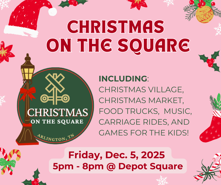 Pink Christmas on the Square ad, with christmas drawings around the perimeter. The center includes green text that says: Including christmas village, christmas market, food trucks, music, carriage rides, and games for kids. Red text at Bottom says: Friday, Dec 5, 2025, 5-8pm at Depot Square