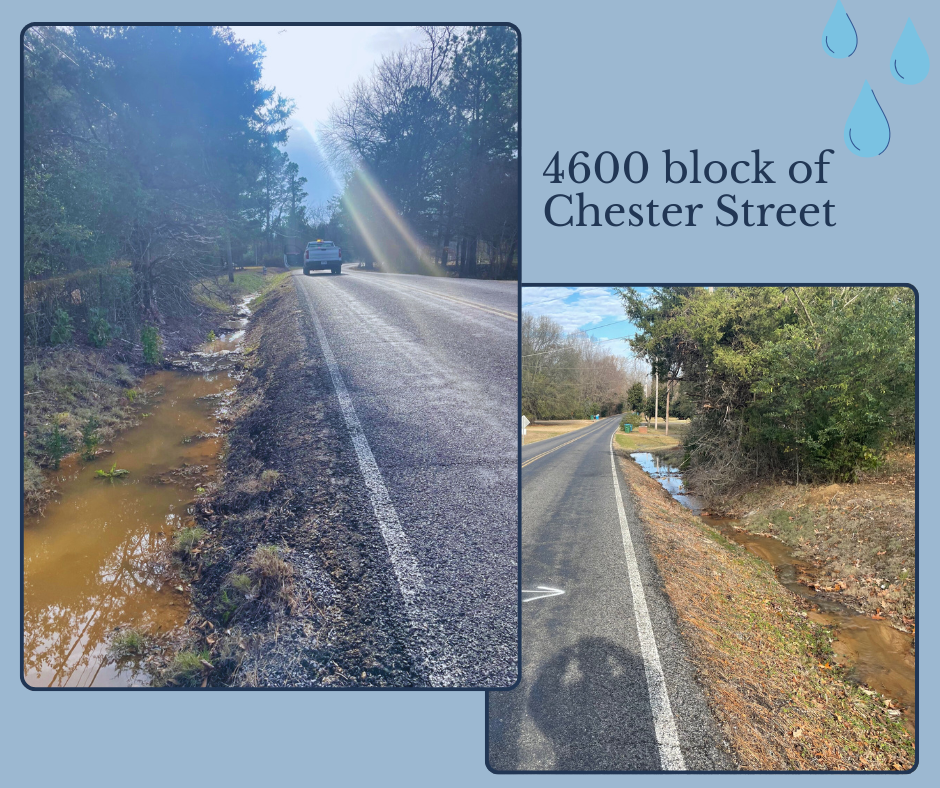 4600 Block of Chester Street with pictures of a roadside ditch full of water