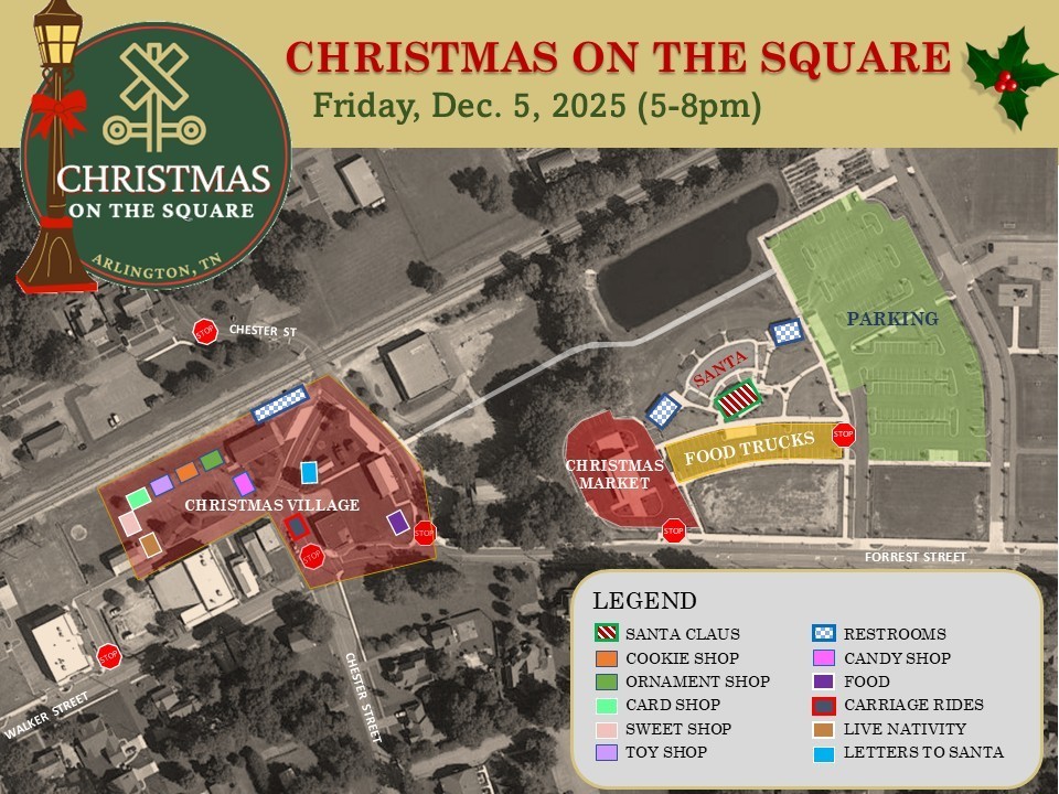Aerial map of downtown, depot square area of Arlington TN showing location of various tents and vendors for Christmas on the Square, happening Friday December 5 from 5-8pm.