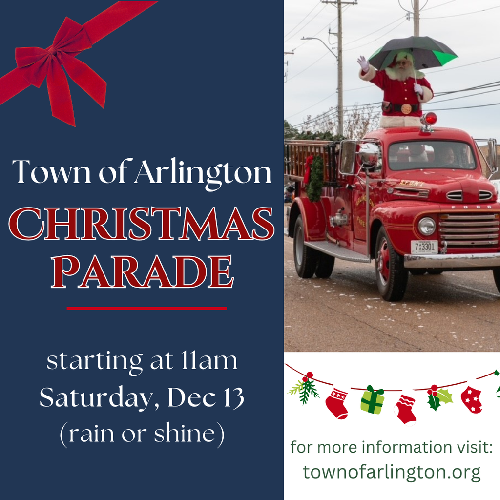 blue and white graphic for Town of Arlington Christmas Parade , Saturday, Dec 13th 11am. Includes a picture of Santa holding a green umbrella in the back of a red antique fire truck and a website for more information: townofarlington.org