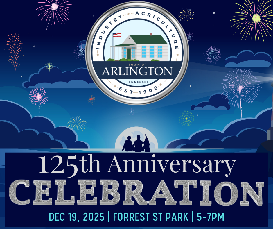 Navy and Blue Illustrative Fireworks graphic with a round seal of the Town of Arlington at the top and silver text at the bottom - 125th Anniversary Celebration, Dec 19, 2025, Forrest St Park, 5-7pm