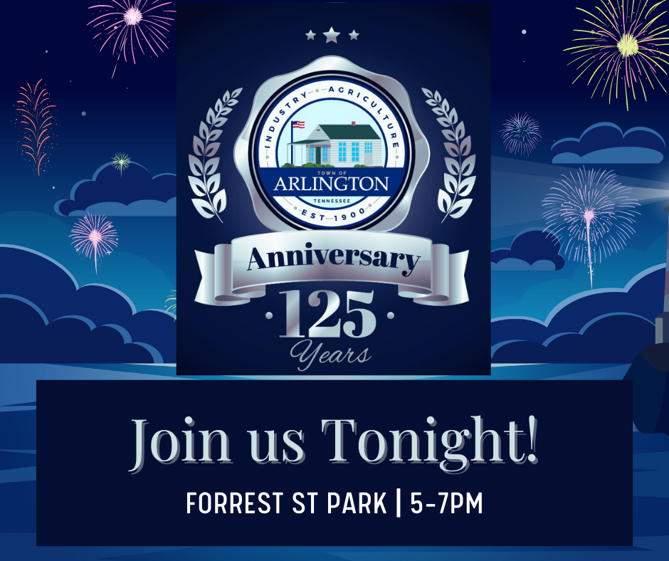 Navy and Blue Illustrative Fireworks Poster for Town of Arlington TN 125 years - Join us tonight, Forrest St Park, 5-7pm