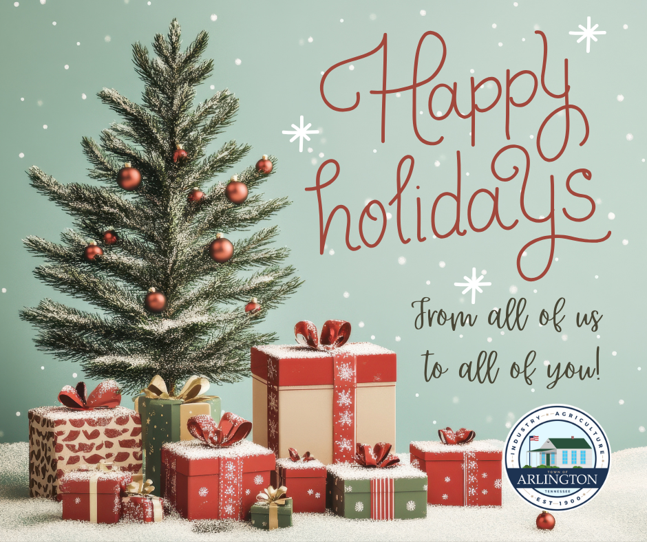 Happy Holidays Green Photographic Facebook Post with wrapped presents under a small tree with red holiday balls. Says from all of us to all of you,, and includes a Town of Arlington seal