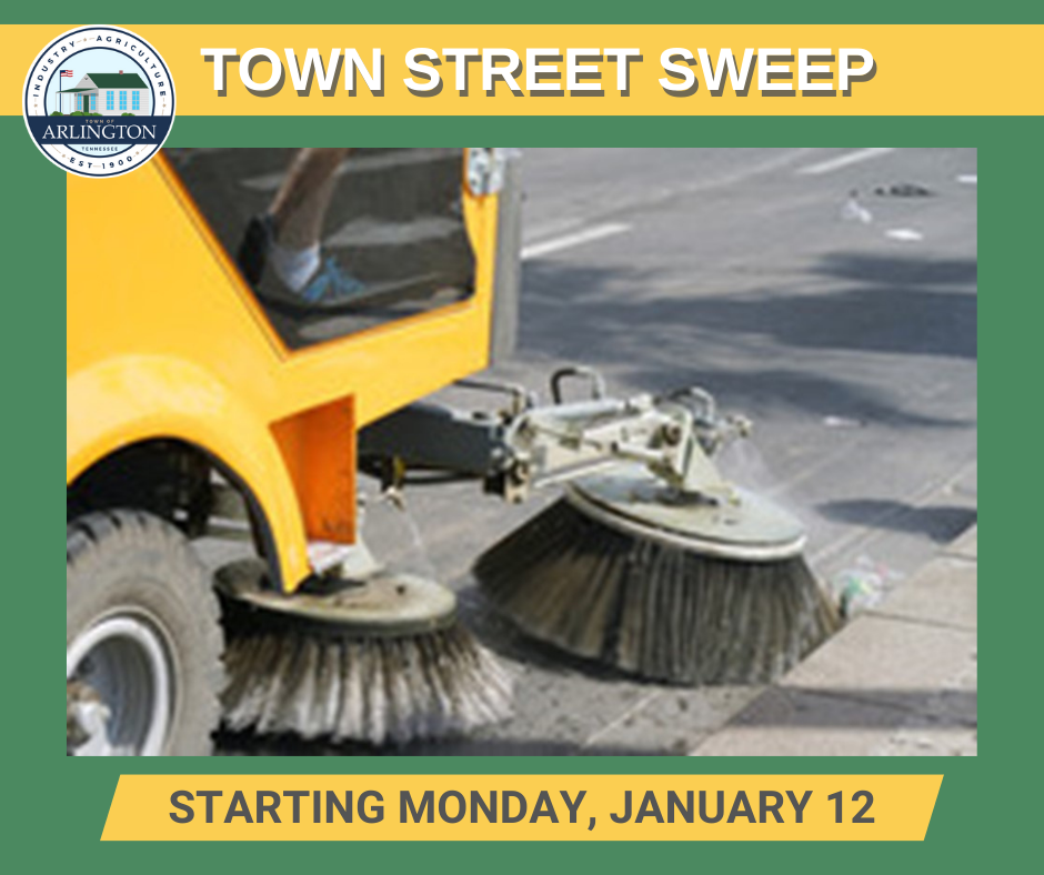Green graphic with close-up picture of a yellow street sweeper whose brushes are along curb. Text in yellow boxes say: Town Street Sweep, Starting Monday, January 12