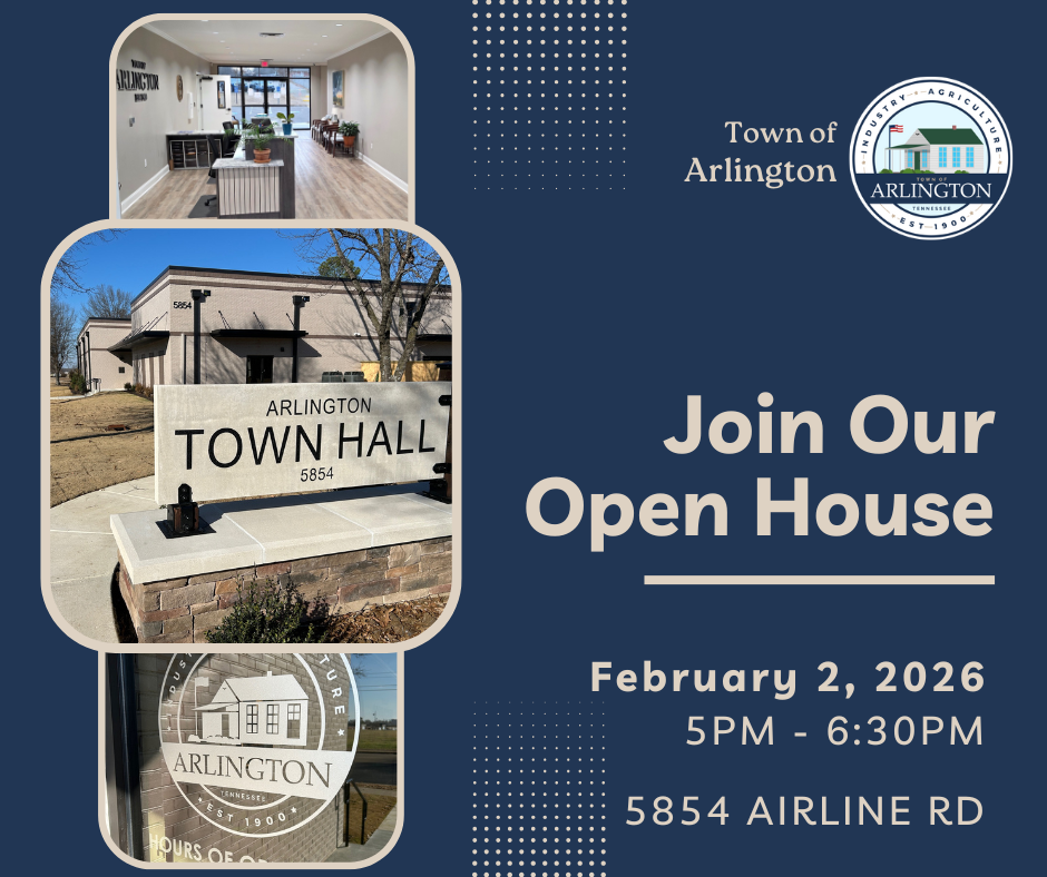 Open House facebook graphic with blue background and 3 pictures lined on left side, including one of a sign with exterior of beige building in background, one of the Town of Arlington seal etched on a glass door, and one of an office lobby. Text says: Join our Open House, Feb 2, 2026, 5-6:30pm, 5854 Airline Rd