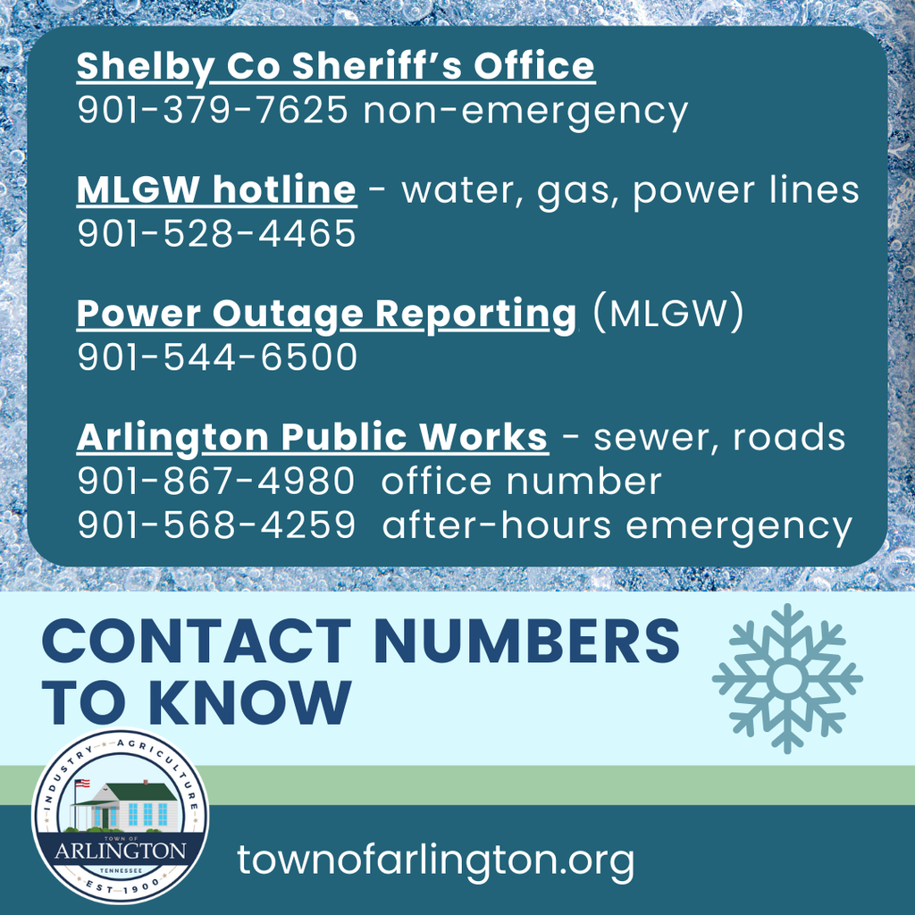 Contact numbers graphic - Shelby Co Sheriff non-emergency 901-379-7625; MLGW hotline for power lines, water gas 901-528-4465; power outage reporting 901-544-6500; arlington public works for sewer and roads 901-867-4980 office or 901-568-4259 after hours