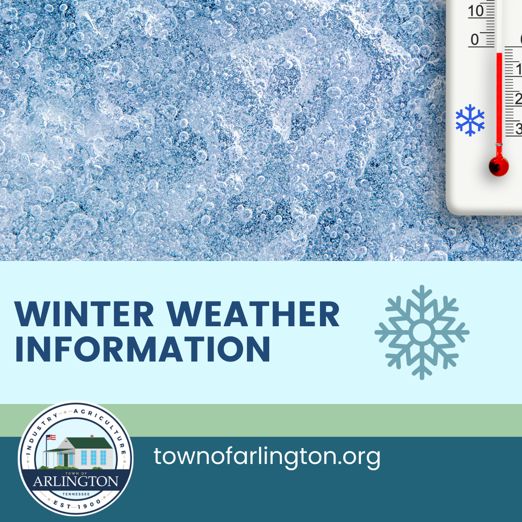Weather Info title graphic with ice in background and thermometer showing below freezing. Townofarlington.org website address at bottom. 