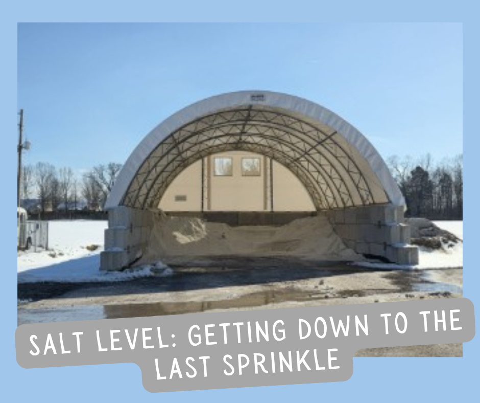 Picture of open sided dome for salt storage, which is mostly empty. Text across the bottom says: Salt level - getting down to the last sprinkle