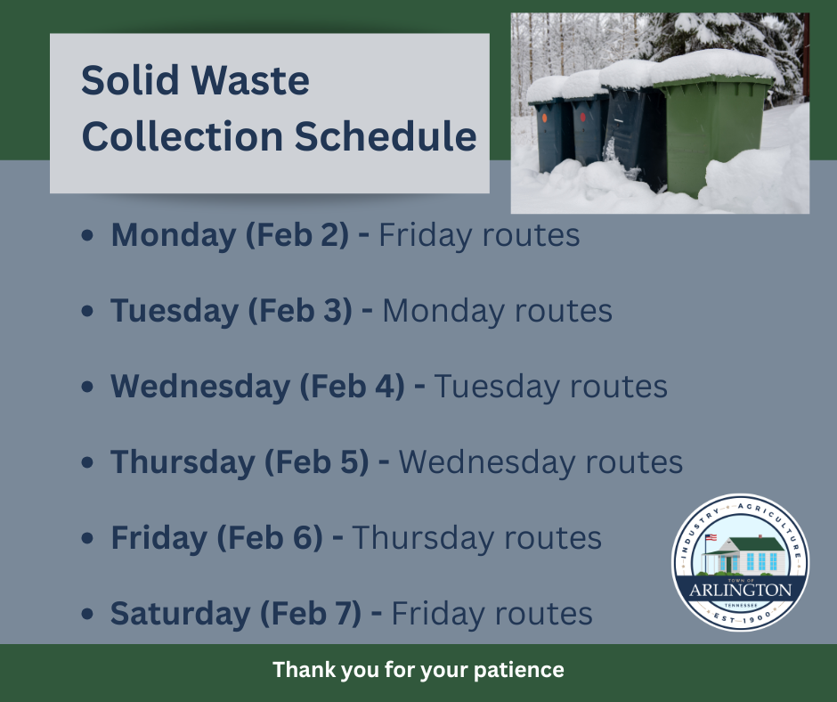 Graphic in gray and green with the solid waste Catch Up Schedule for the first week of February, starting with Friday service on Monday the 2nd, then Monday-Friday service in order on Tuesday to Saturday