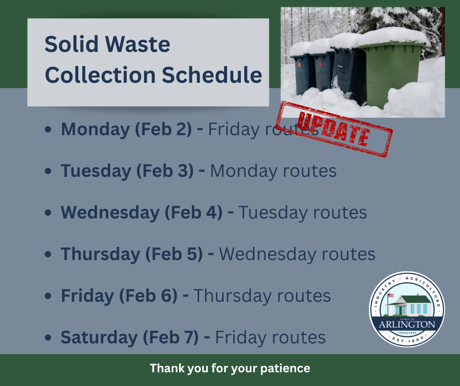 Graphic in gray and green with a solid waste collection schedule to catch up after snow. Monday (2/2) is friday route, then Tuesday - Saturday will be the Monday - Friday route shifted forward one day.