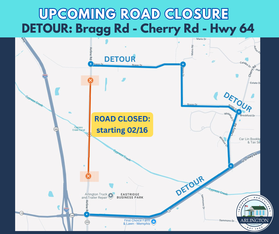 Map of upcoming road closure on Airline road starting Feb 16, north of Hwy 64, showing a Detour route along Bragg Road, Cherry Road and Hwy 64.