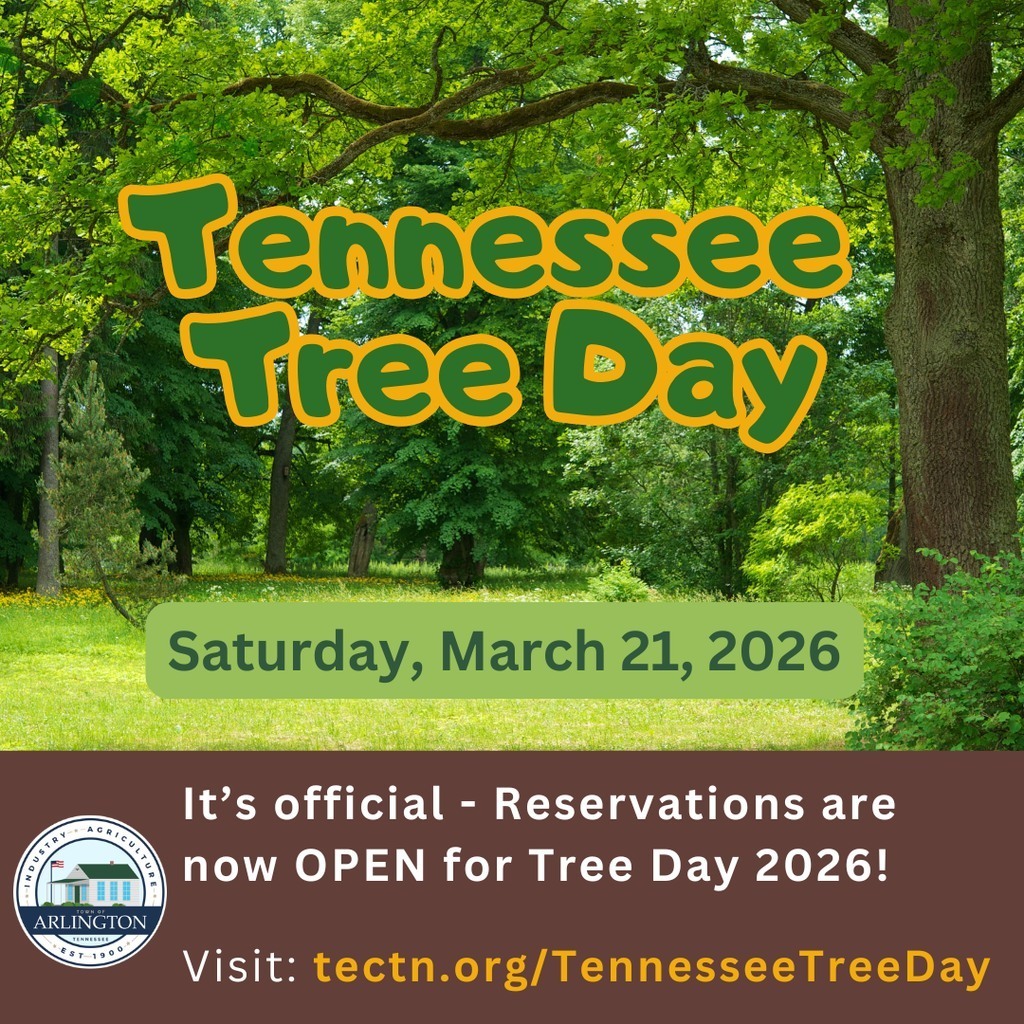 Green and brown Graphic for tennessee tree day 2026, on March 21, with lots of green leafy trees in background. Reservations are now open. 