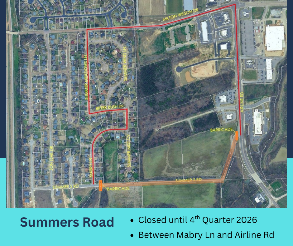 Aerial map showing Summer Road closed between Airline and Mabry Lane, until 4th quarter 2026. Also includes a detour route using Mabry, Bitterbush, Summer Meadows Lane, and Milton Wilson to travel from Summers Road to  Airline around the closure. 