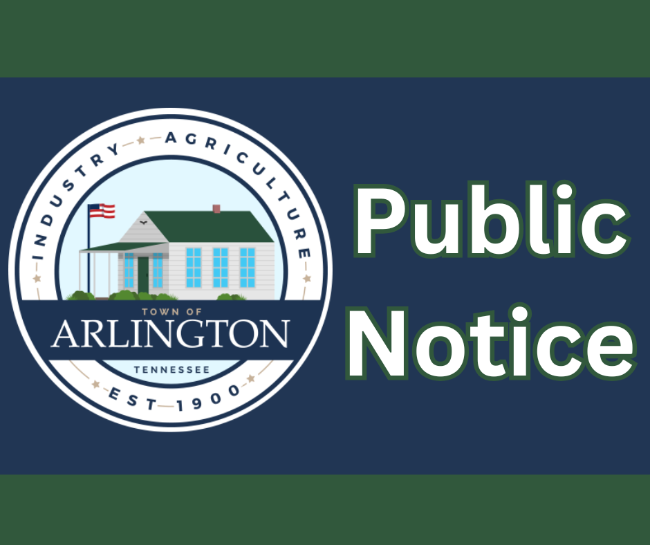 Public Notice slide with green background, Town of Arlington seal in a navy blue stripe across the center, and white text says: Public Notice