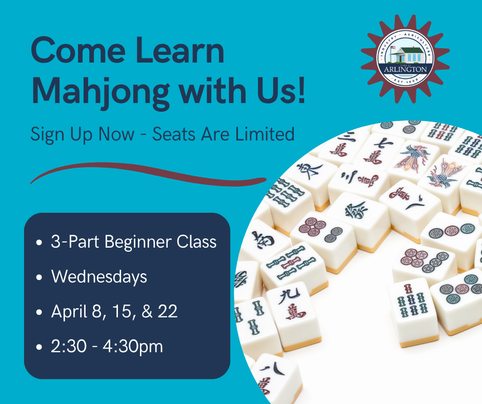 Mahjong graphic for 3-part beginner class at the Senior Center. On 3 wednesdays in April (8, 15, and 22) from 2:30 to 4:30. Bright blue background with a round picture of mahjong tiles