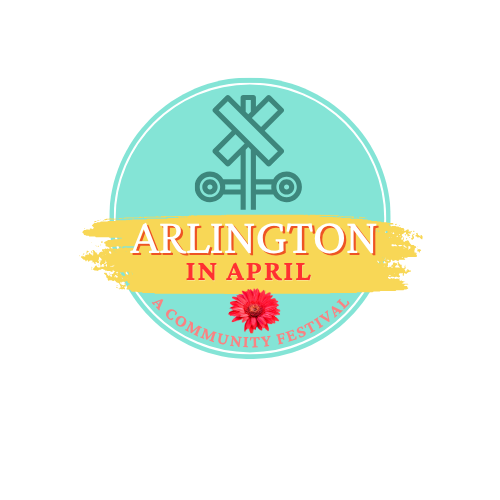 Round teal logo with trail crossing symbol at top and words "Arlington in April" in yellow swoosh. Below is a pink flower and text "A community festival"