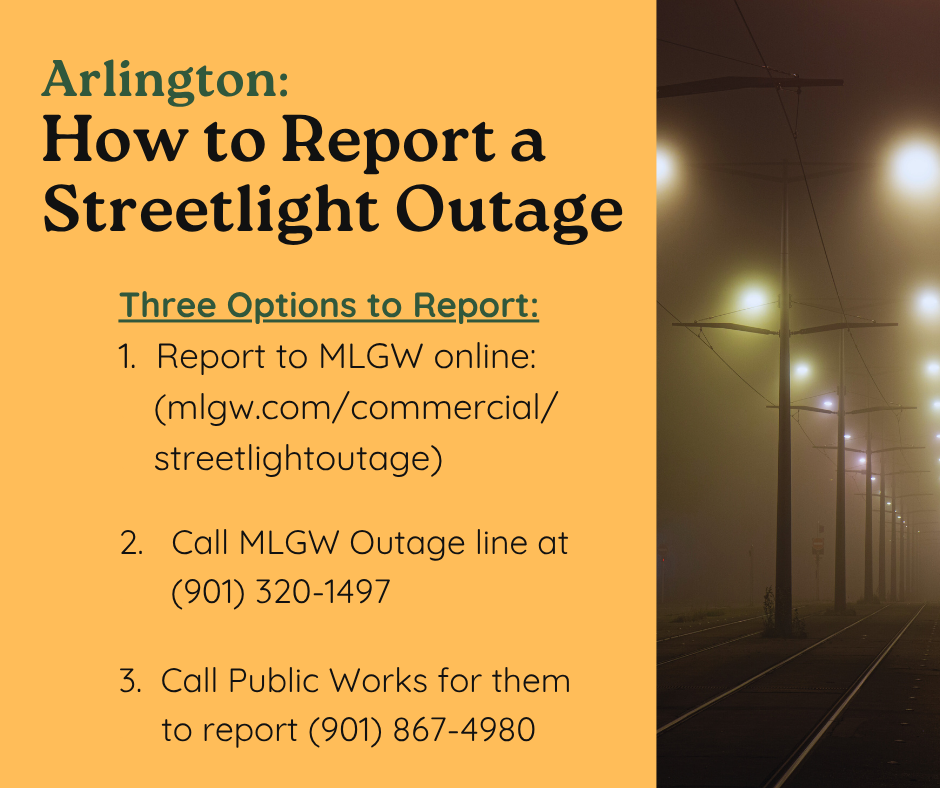 Yellow graphic with photo of street lights in fog on right side. Text says:  Arlington How to Report a Streetlight Outage.  It includes 3 options - to report to MLGW online at their website, to call MLGW at 901-320-1497, or to call Public Works at 901-867-4980