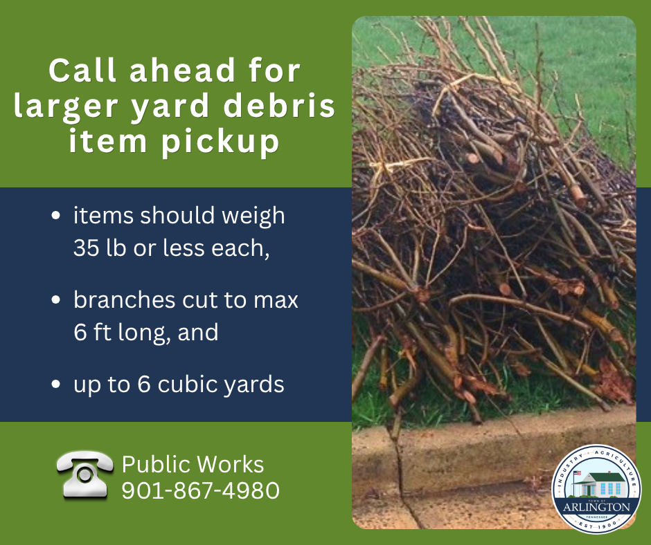 Graphic that says call ahead for larger yard debris item pickup. Item sshould be 35 lb or less, branches 6 feet or less, and up to 6 cubic yards. Public Works phone at 901-867-4980. Pic of bundles of branches tied at curb. 