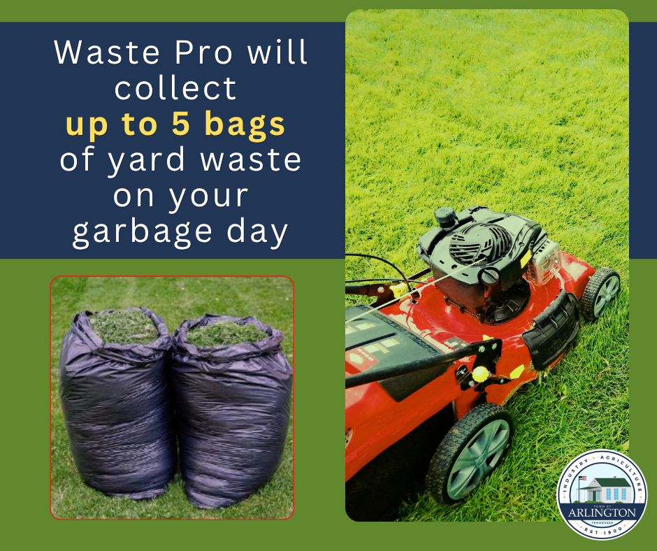 Graphic that says Waste Pro will collect up to 5 bags of yard waste on your garbage day. Includes picture of 2 black bags full of grass clippings and a mower on a grass lawn