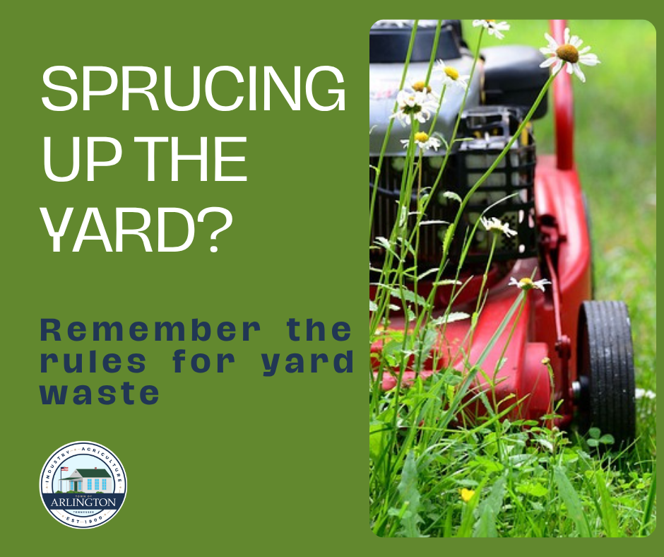 Graphic that says sprucing up the yard - remember the rules for yard waste. Green background, picture of red lawn mower