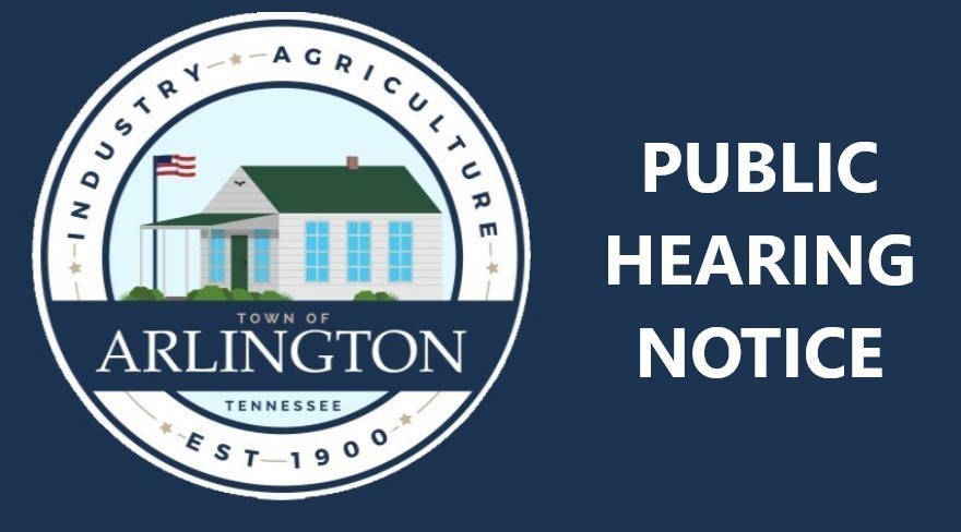 Public Notice graphic with navy blue background, a round white and blue town of arlington seal on the left, and white text that says Public Hearing Notice on the right. 