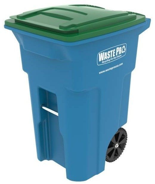 Picture of large blue recycle bin with a green lid and WastePro on the side in white text