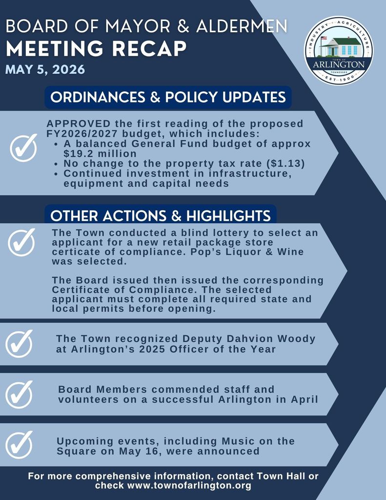 Meeting Recap of Board of Mayor and Aldermen meeting on May 5, 2026, in two-tone light and dark blue. Includes brief summary of the Ordinance and Policy updates and other actions and highlights