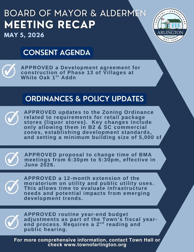 Meeting Recap of Board of Mayor and Aldermen meeting on May 5, 2026, in two-tone light and dark blue. Includes brief summary of the Consent Agenda and Ordinance and Policy updates