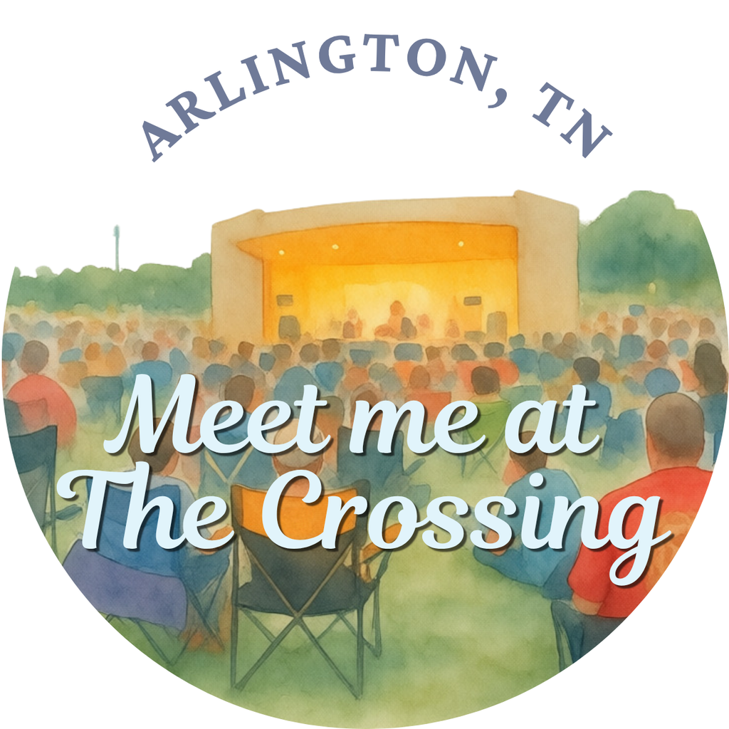 Round graphic with watercolor image of a crowd on a grass lawn watching a performance at an amphitheater. Test around the picture says Arlington, TN. Text at the bottom says Meet me at the Crossing. 