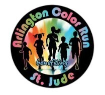 Arlington Color Run logo   - black circle with silhouette of kids running in center with color around them.