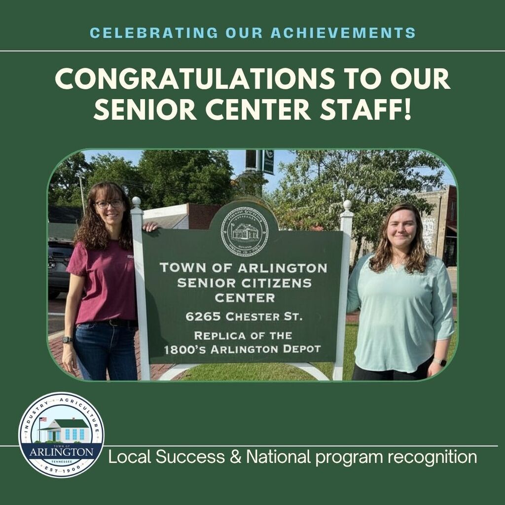 Celebrating our Achievements graphic. Light green background with white text saying: Congratulations to our Senior Center Staff.  Includes a picture in center of 2 ladies on either side of a green, outdoor senior citizens center sign. Bottom text says " local success and national program recognition" 