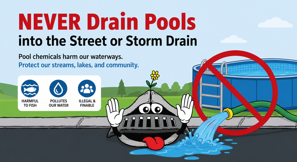 cartoon graphic saying Never Drain Pools into the Street or Storm Drain. Pool chemicals harm our waterways. Has red no symbol over a waterhose draining an above ground pool. It's harmful to fish, pollutes our water, and is illegal and finable. 