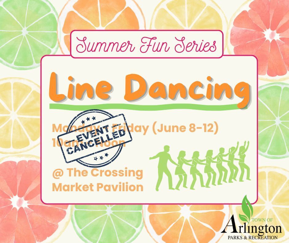 Summer Fun Series graphic in bright colors with citrus fruit around perimeter for Line Dancing - with stamp over the top that says Event Cancelled