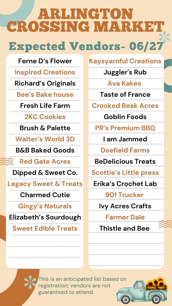 Arlington Crossing Market graphic with Expected Vendors list for June 27. Includes a list of anticipated vendors in beige, brown and teal, with a note that they are not guaranteed to attend. 