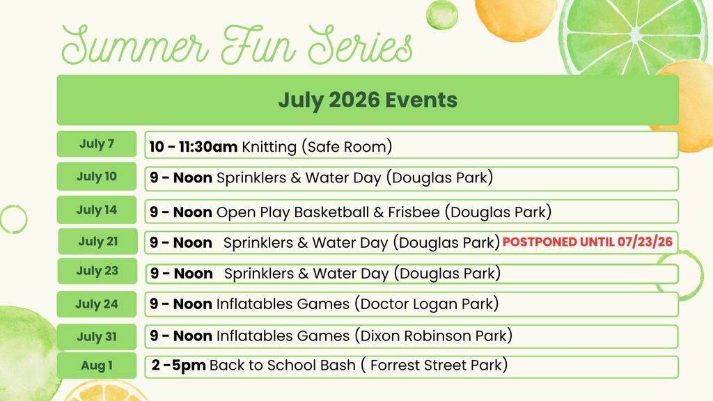 Updater flyer for tomorrow water day postponed from 7/21 to 7/23 at Douglas Park due to heat index