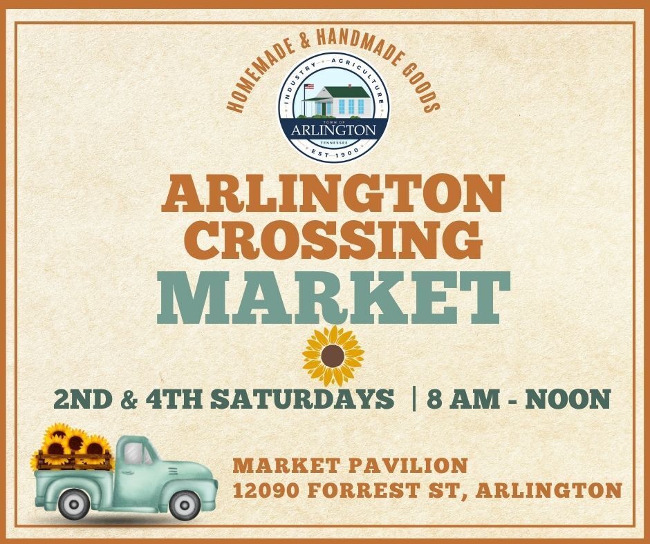 Vintage Arlington Crossing Market graphic, in beige, brown and teal. 2nd and 4th Saturdays from 8am to Noon at the Market Pavilion, 12090 Forrest St in Arlington. Come see Homemade and handmade goods