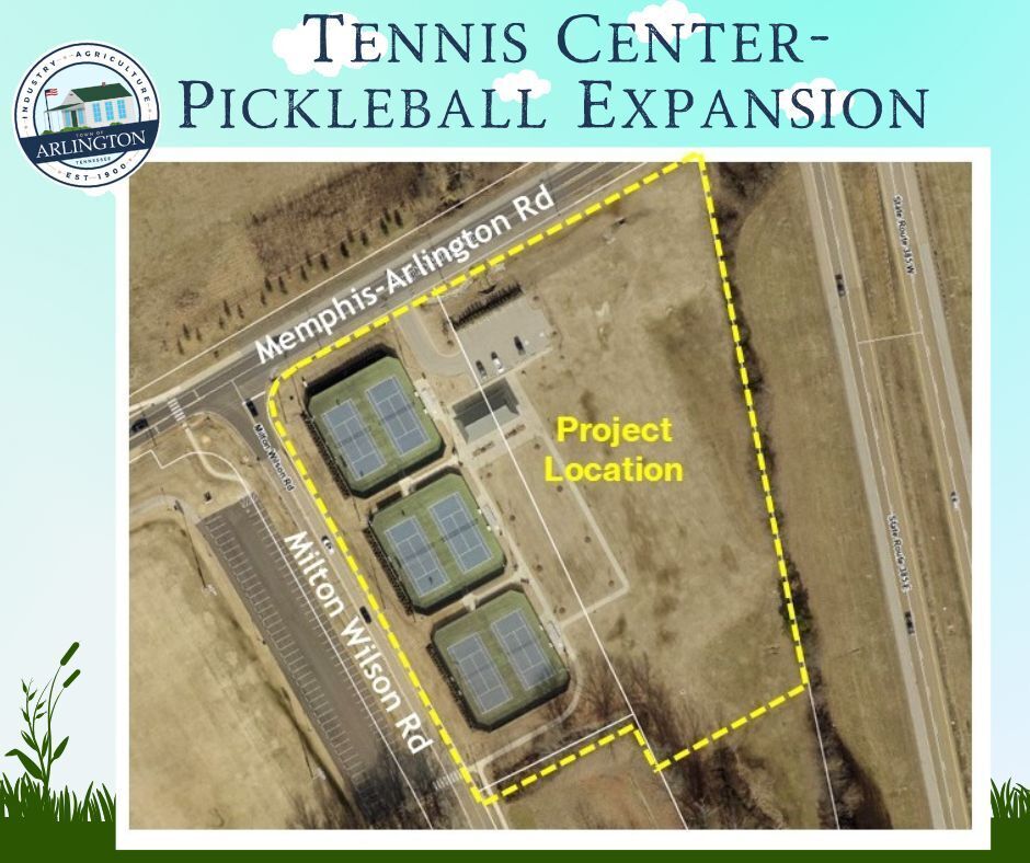 Tennis Center-Pickleball Expansion graphic, with color aerial photograph in center of sky blue slide. A lot on the southeast corner of Memphis-Arlington Rd and Milton Wilson Rd is outlined in yellow dashed line. Text in the lot says "project location"