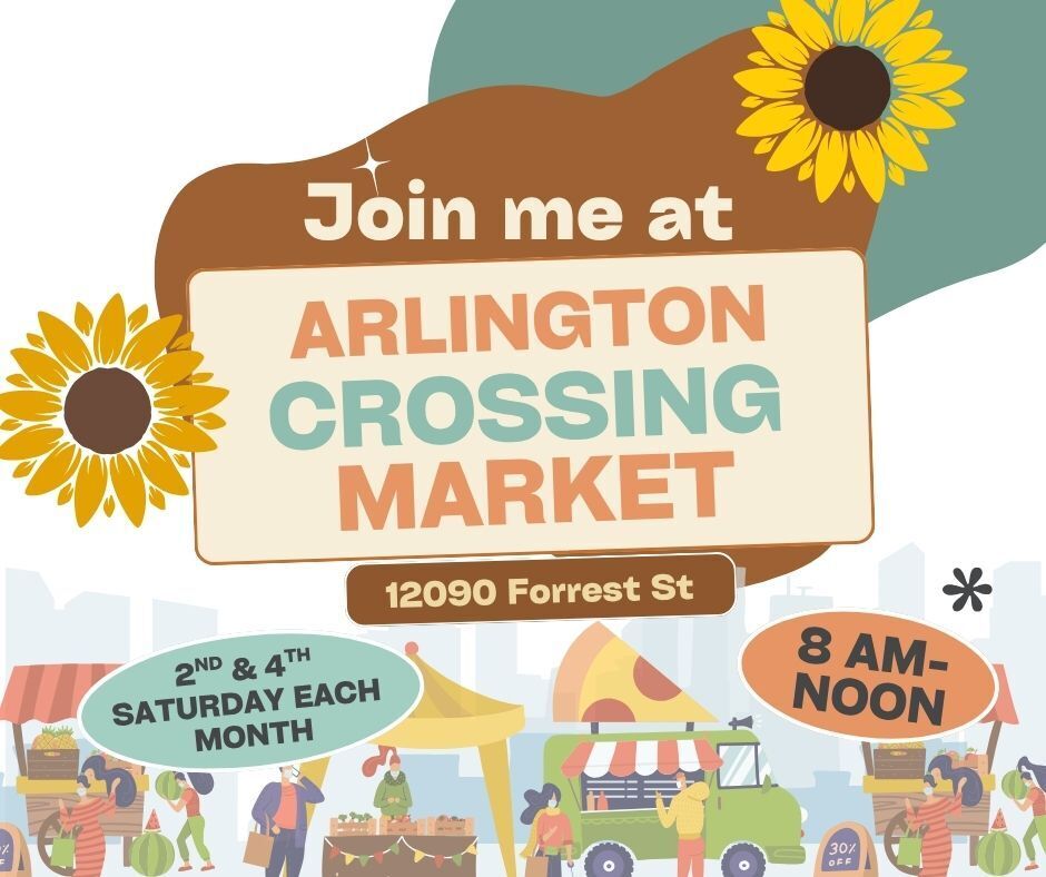 Graphic for the Arlington Crossing Market at 12090 Forrest Street, inviting people to come out from 8am-Noon on 2nd and 4th saturday each month. Includes cartoon vendors and shoppers along the bottom of page, pastel colored graphics, and sunflowers.