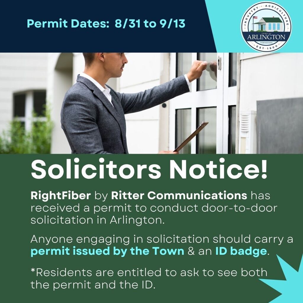 Solicitors Notice graphic, with a picture of a man in a suit knocking on the front door of a house. Text below the picture states Right Fiber by Ritter Communications has received a permit for door-to-door solicitation from 8/31 to 9/13. They should carry a permit from the Town and an ID badge, and residents are entitle to ask to see both.