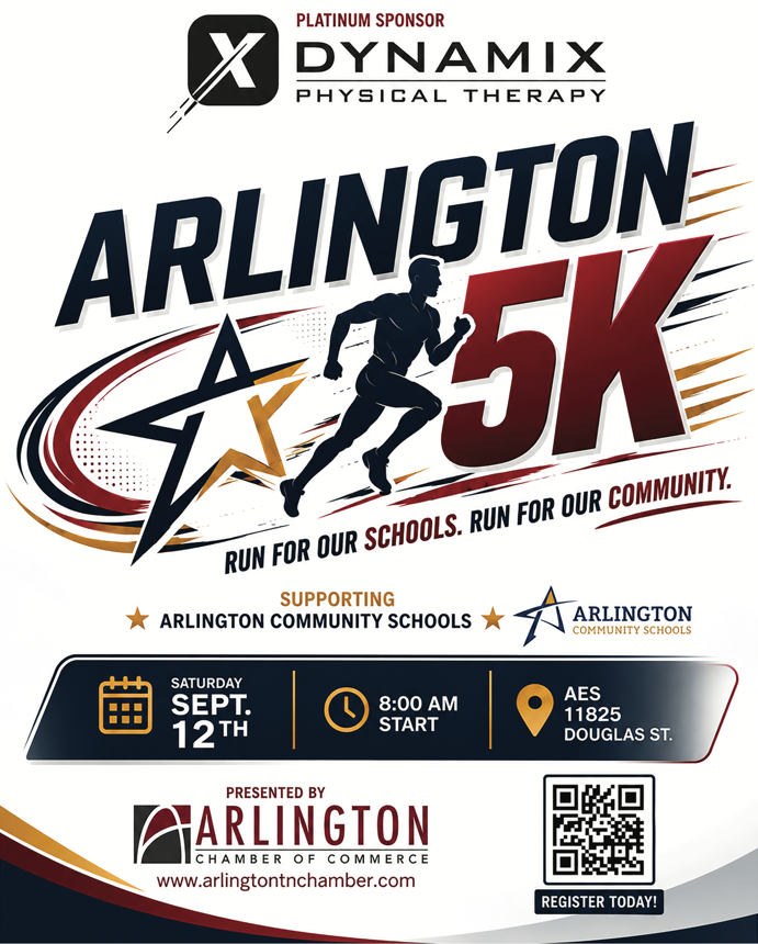 Flyer for Arlington 5k, sponsored by Arlington Chamber of Commerce and supporting the Chamber and Arlington Community Schools. Event is Septemer 12, start at 8am, at Arlington Elementary (11825 Douglas St).