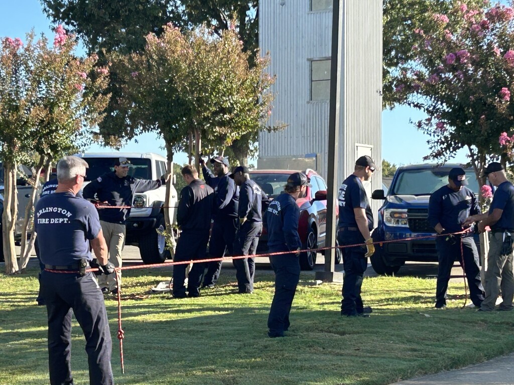 Photo of several firefighters in blue pants and shirts practicing with ropes in the grass, with ropes anchored to trees on the edge of a parking lot