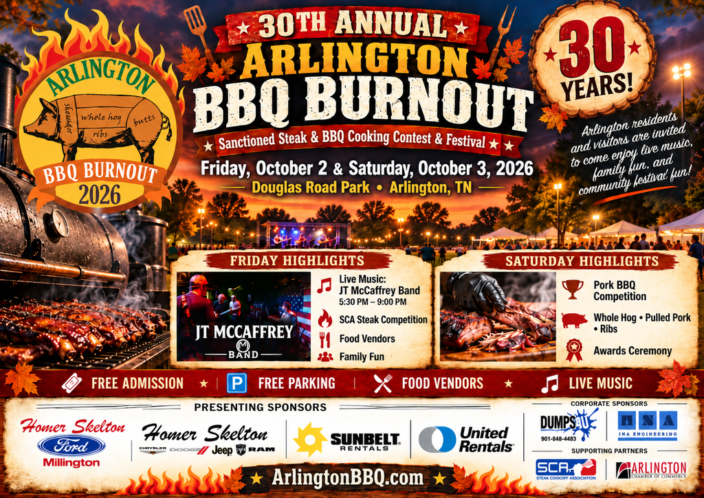 Arlington BBQ Burnout flyer for 30th annual event in 2026 on October 2 and 3, at Douglas Road Park. Includes details for each day, mentioned in the post, and notes it's free admission and free parking. Also lists the sponsors for the event. 
