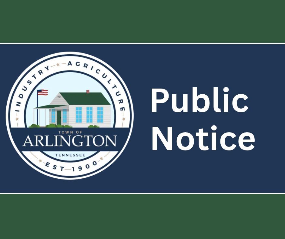 green graphic with a blue horizontal stripe in middle. stripe includes a round Town of Arlington seal with a house in center and est 1900 on bottom. Text in white beside the logo says Public Notice
