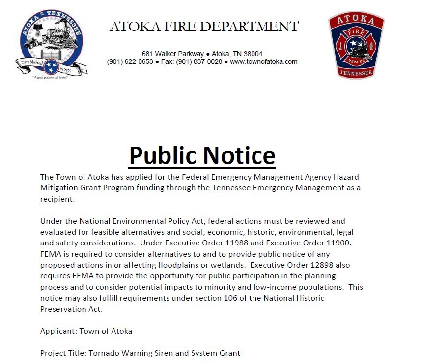 public notice for fire dept for siren grants