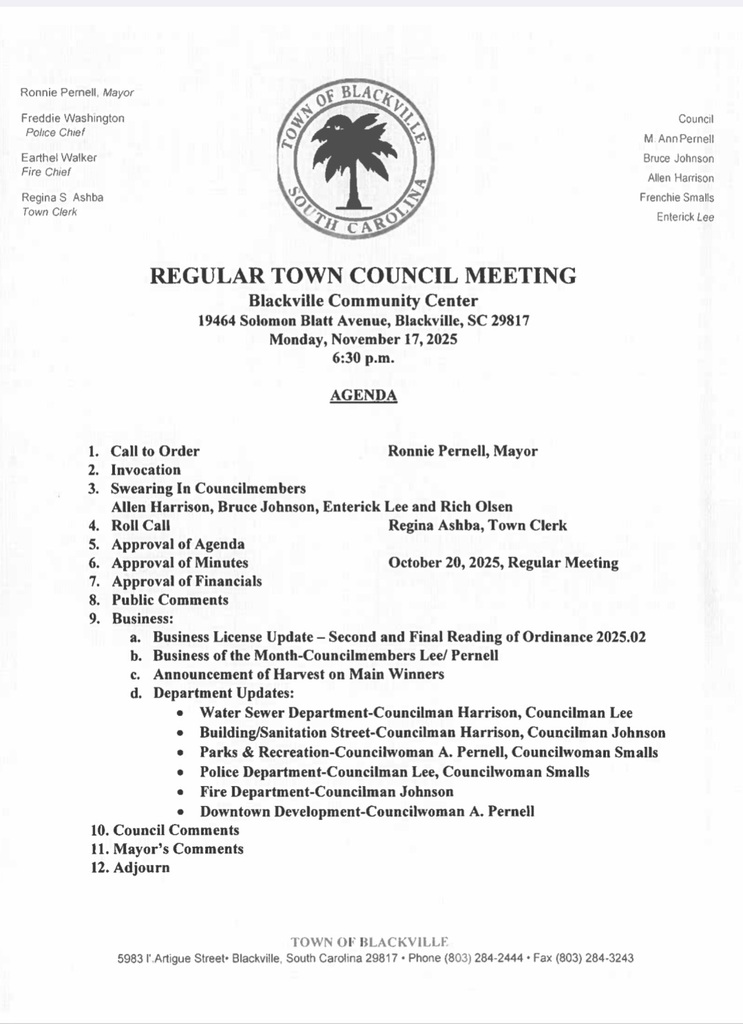 Regular Town Council meeting on Monday,  November 17, 2025 at 6:30pm