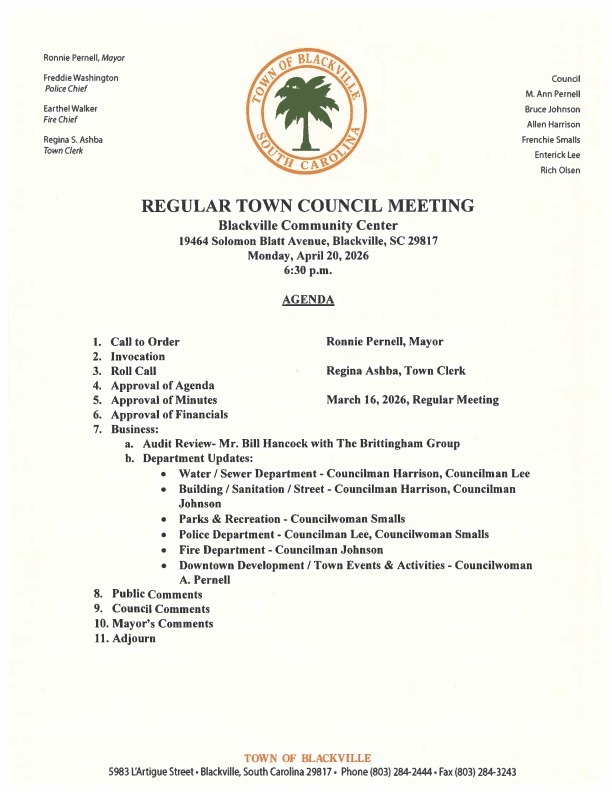 Agenda For Town Hall Meeting April 20th 2026