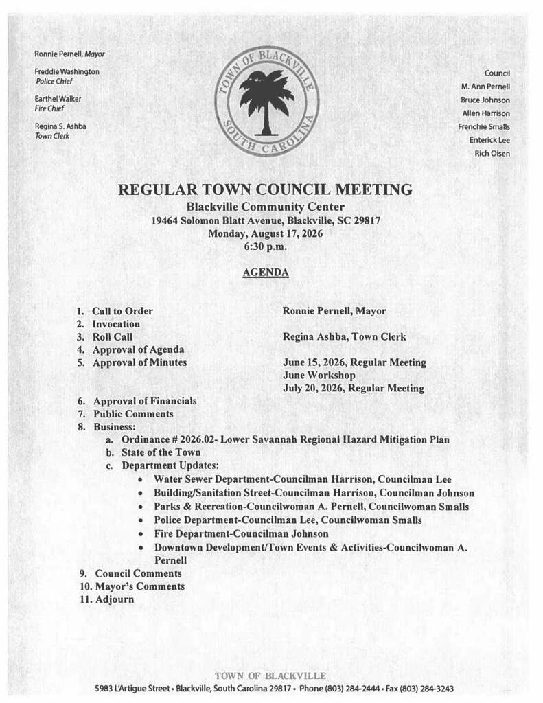 Regular Town Council Meeting Agenda 08-17-2026